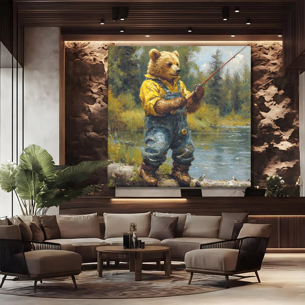 Tablou Canvas Premium, LuxCanva® M1000, Pescarul cu blana, Animale, Fauna, Urs, Blana, Pescuit, Undita, Apa, Natura, Amuzant, Birou, Living, Camera Copii