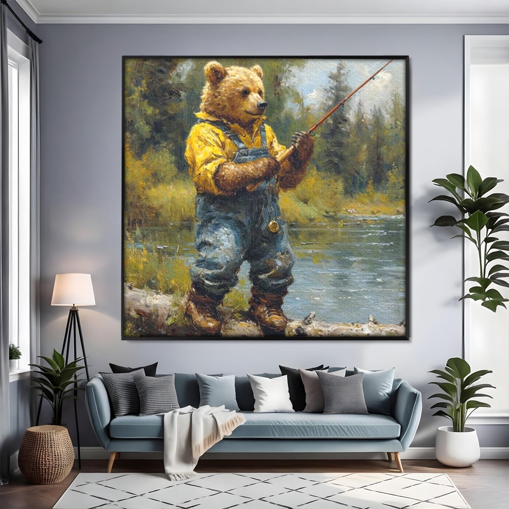 Tablou Canvas Premium, LuxCanva® M1000, Pescarul cu blana, Animale, Fauna, Urs, Blana, Pescuit, Undita, Apa, Natura, Amuzant, Birou, Living, Camera Copii