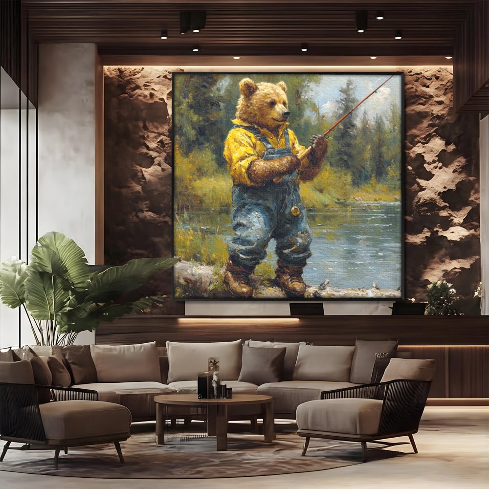 Tablou Canvas Premium, LuxCanva® M1000, Pescarul cu blana, Animale, Fauna, Urs, Blana, Pescuit, Undita, Apa, Natura, Amuzant, Birou, Living, Camera Copii