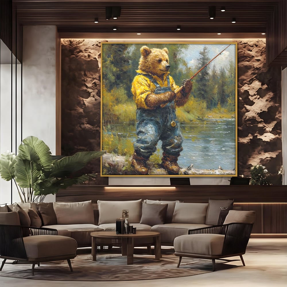 Tablou Canvas Premium, LuxCanva® M1000, Pescarul cu blana, Animale, Fauna, Urs, Blana, Pescuit, Undita, Apa, Natura, Amuzant, Birou, Living, Camera Copii
