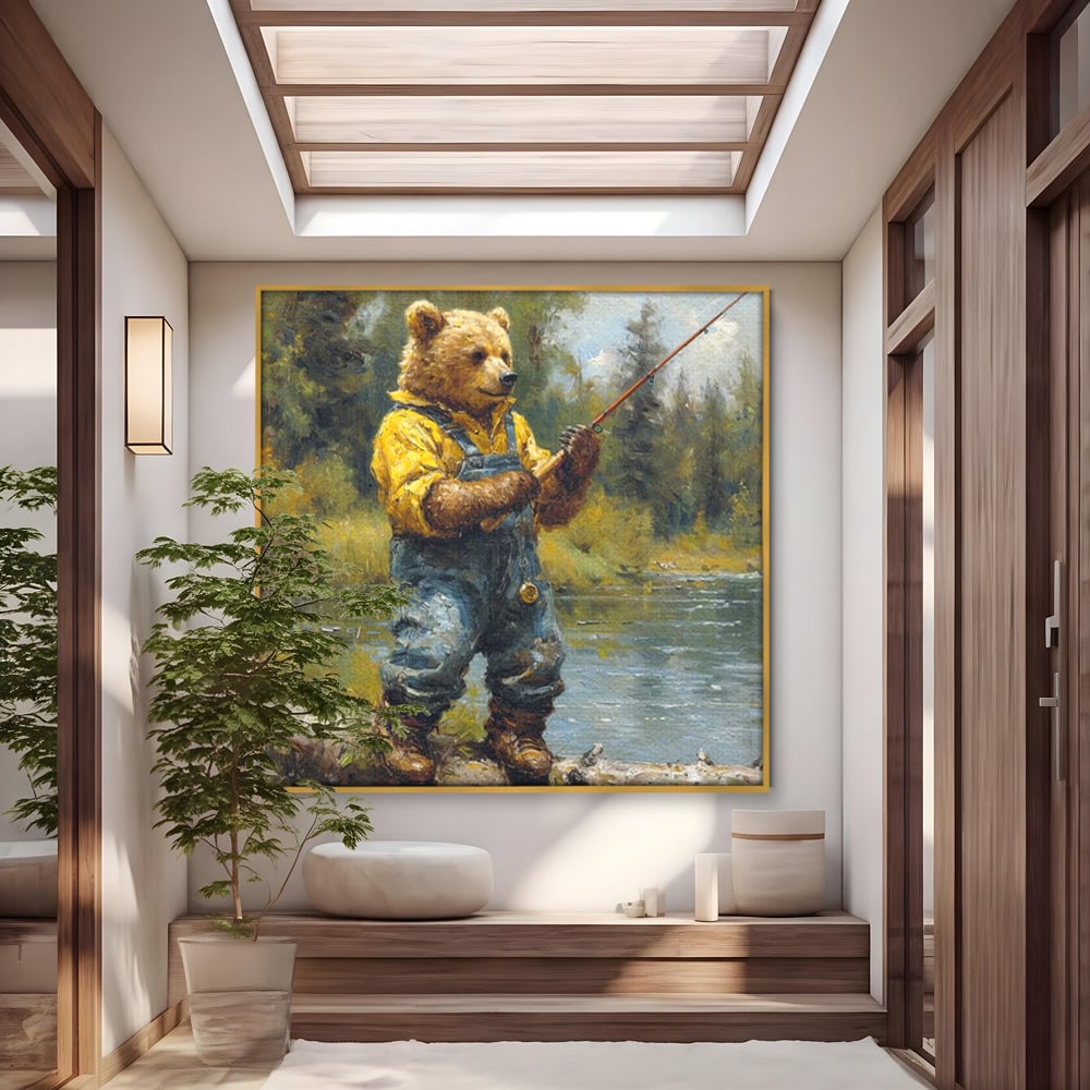 Tablou Canvas Premium, LuxCanva® M1000, Pescarul cu blana, Animale, Fauna, Urs, Blana, Pescuit, Undita, Apa, Natura, Amuzant, Birou, Living, Camera Copii