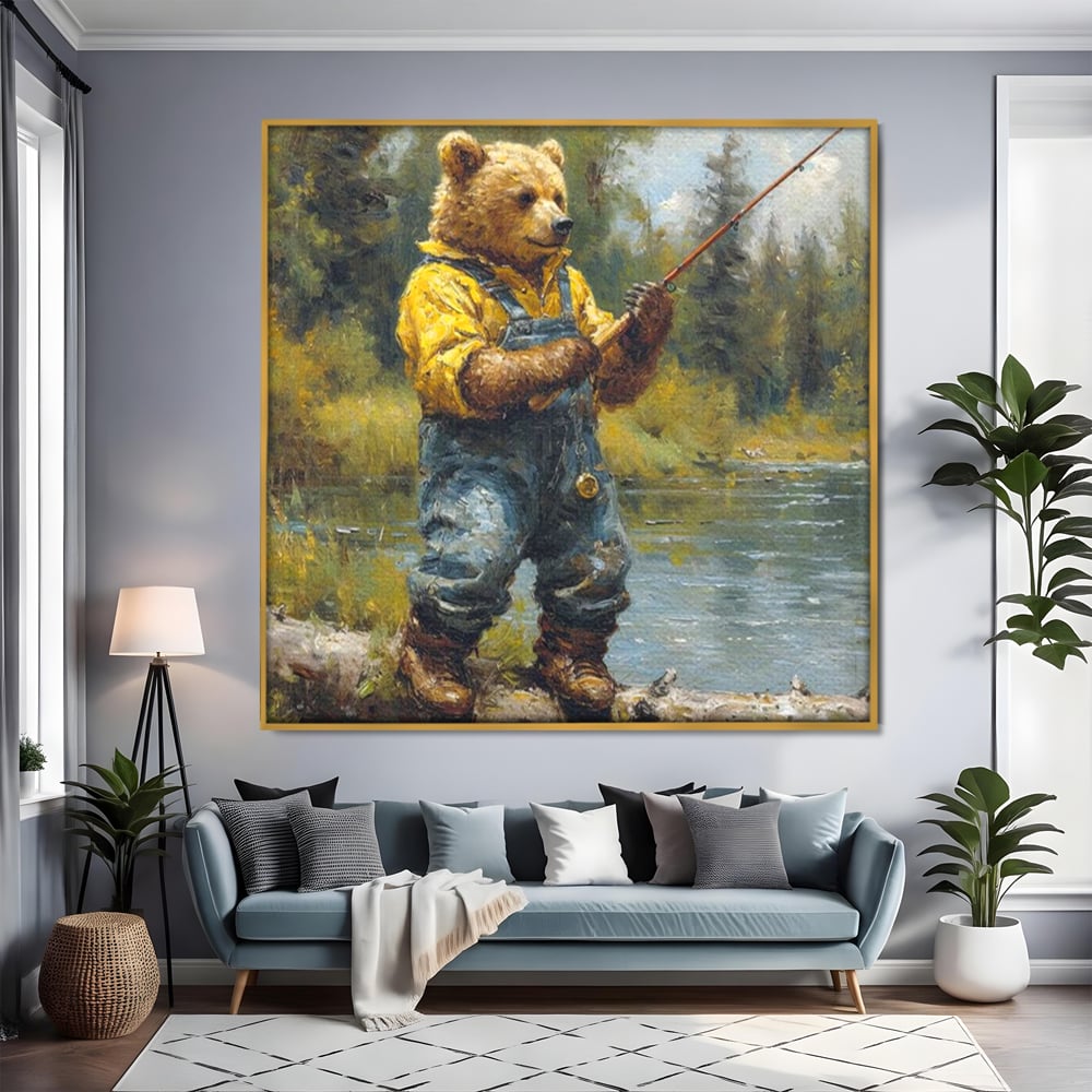 Tablou Canvas Premium, LuxCanva® M1000, Pescarul cu blana, Animale, Fauna, Urs, Blana, Pescuit, Undita, Apa, Natura, Amuzant, Birou, Living, Camera Copii