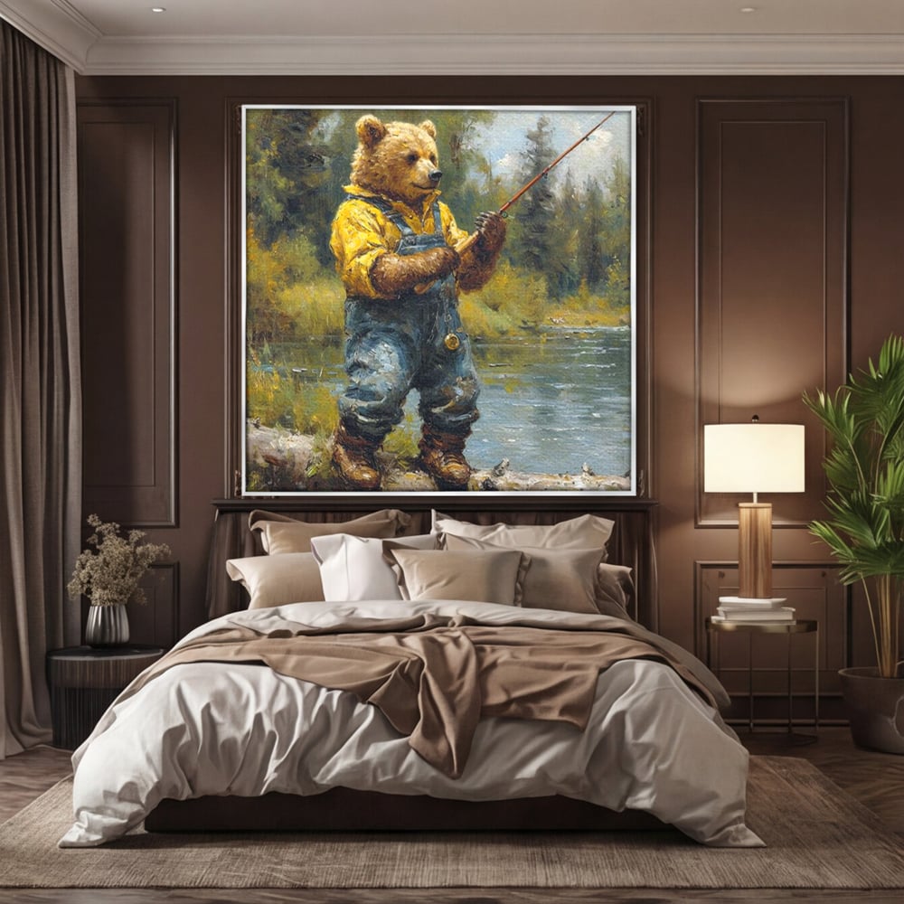 Tablou Canvas Premium, LuxCanva® M1000, Pescarul cu blana, Animale, Fauna, Urs, Blana, Pescuit, Undita, Apa, Natura, Amuzant, Birou, Living, Camera Copii