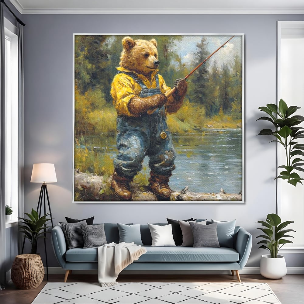 Tablou Canvas Premium, LuxCanva® M1000, Pescarul cu blana, Animale, Fauna, Urs, Blana, Pescuit, Undita, Apa, Natura, Amuzant, Birou, Living, Camera Copii