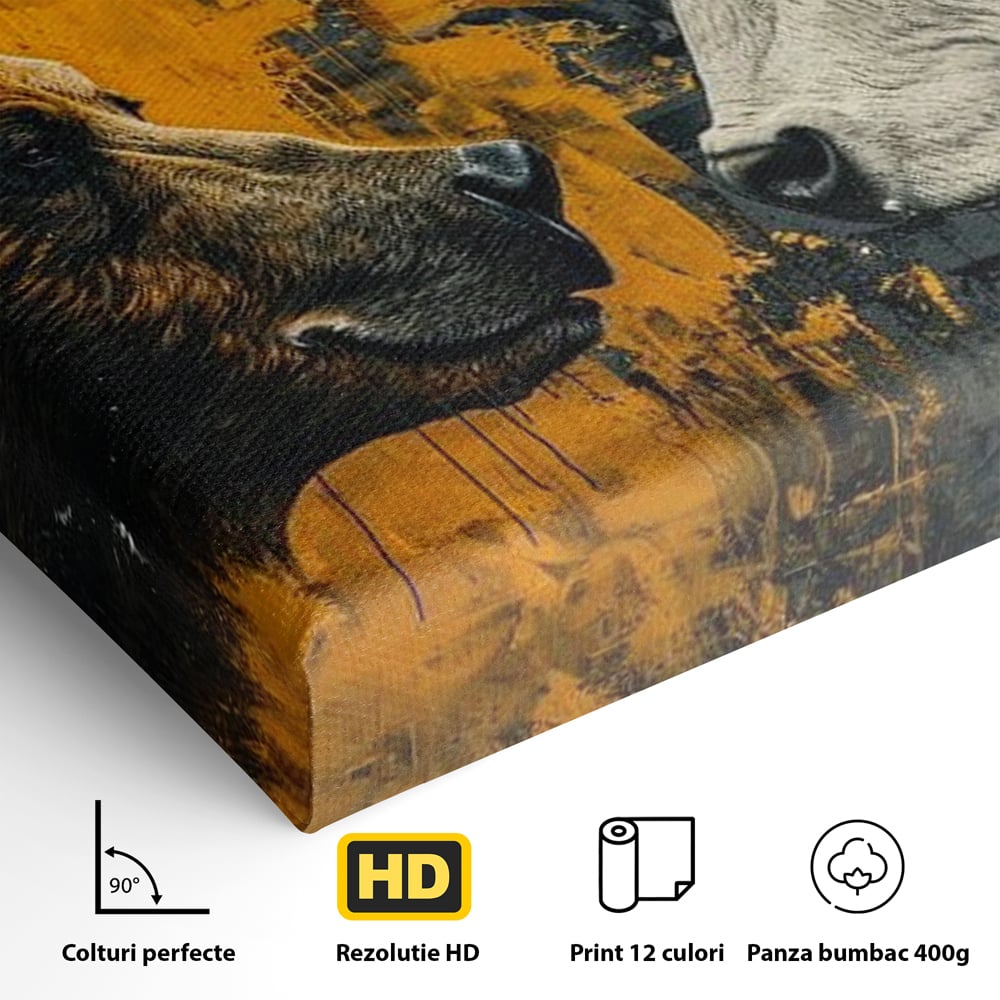 Leinwandbilder Leinwand Premium, LuxCanva® M1001, Moderne Bestie, Tiere, Bär, Stier, Dualität, Dualität, Wild, Duell, Hörner, Fell, Fell, Stärke, Büro, Wohnen, Kinderzimmer