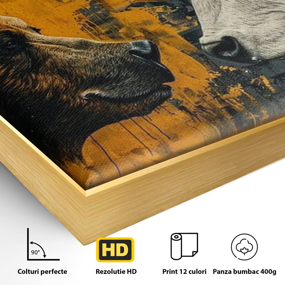 Leinwandbilder Leinwand Premium, LuxCanva® M1001, Moderne Bestie, Tiere, Bär, Stier, Dualität, Dualität, Wild, Duell, Hörner, Fell, Fell, Stärke, Büro, Wohnen, Kinderzimmer