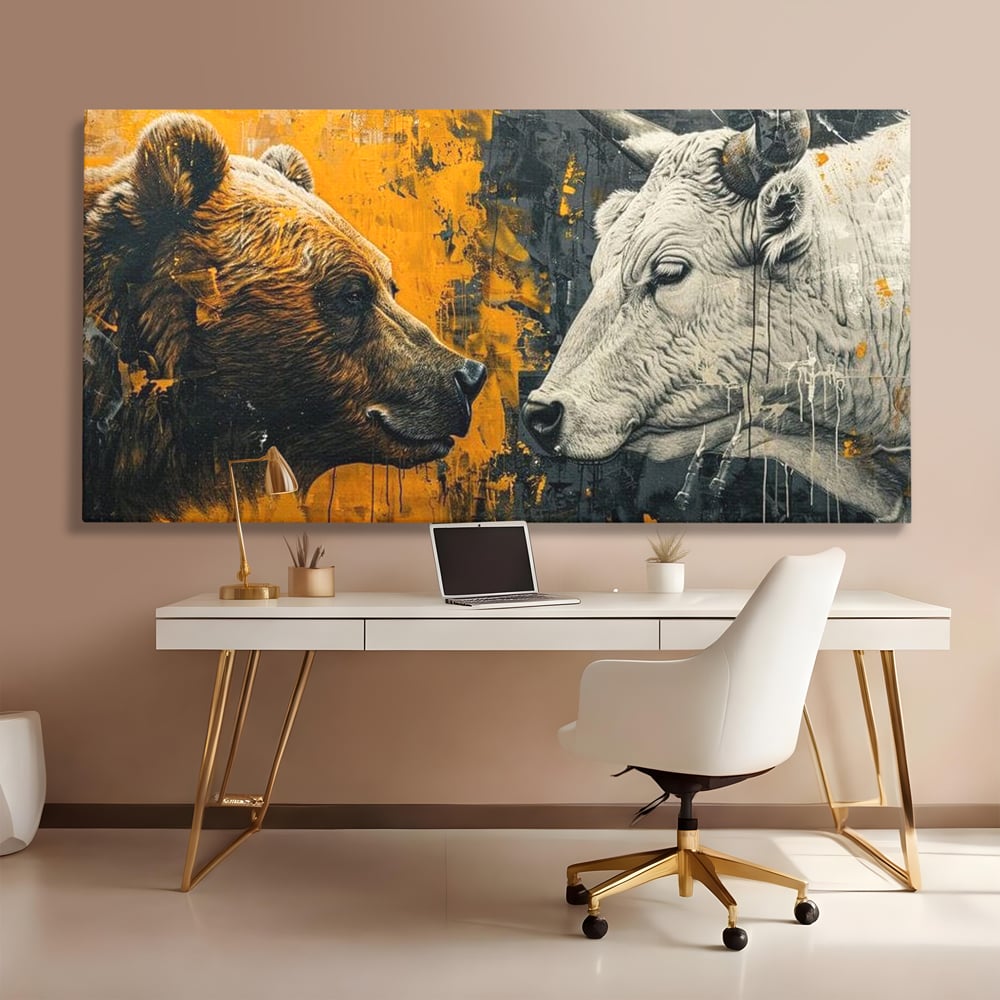 Leinwandbilder Leinwand Premium, LuxCanva® M1001, Moderne Bestie, Tiere, Bär, Stier, Dualität, Dualität, Wild, Duell, Hörner, Fell, Fell, Stärke, Büro, Wohnen, Kinderzimmer