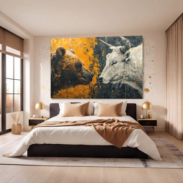 Leinwandbilder Leinwand Premium, LuxCanva® M1001, Moderne Bestie, Tiere, Bär, Stier, Dualität, Dualität, Wild, Duell, Hörner, Fell, Fell, Stärke, Büro, Wohnen, Kinderzimmer