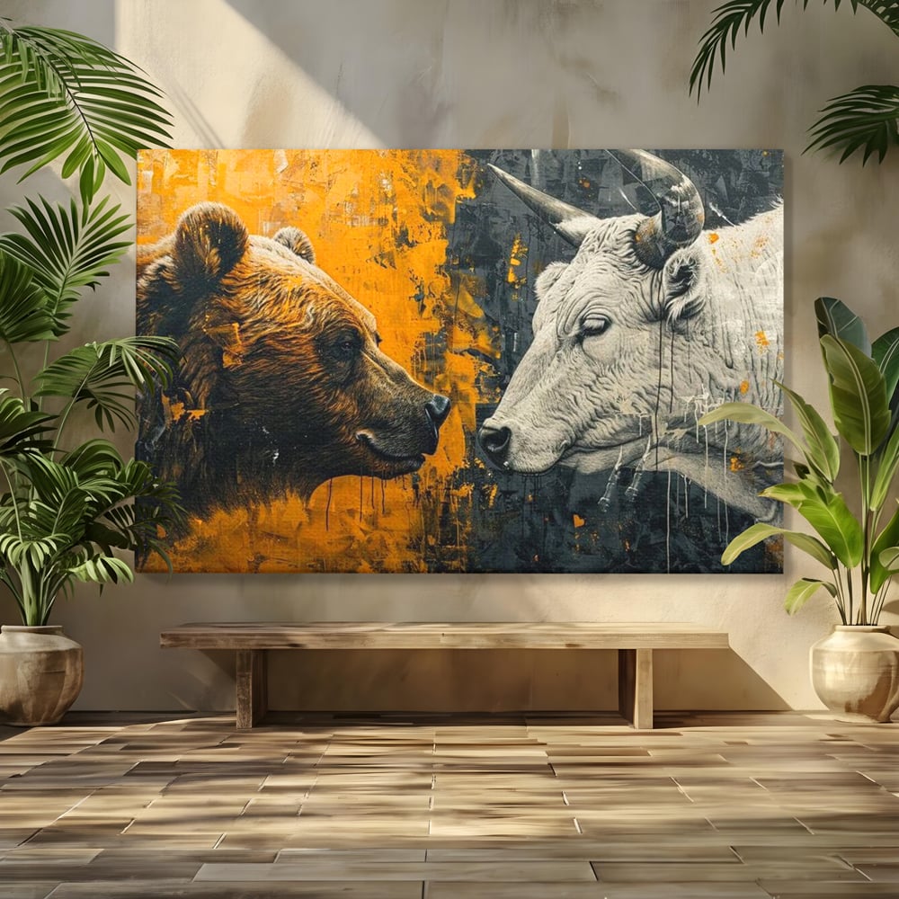 Leinwandbilder Leinwand Premium, LuxCanva® M1001, Moderne Bestie, Tiere, Bär, Stier, Dualität, Dualität, Wild, Duell, Hörner, Fell, Fell, Stärke, Büro, Wohnen, Kinderzimmer