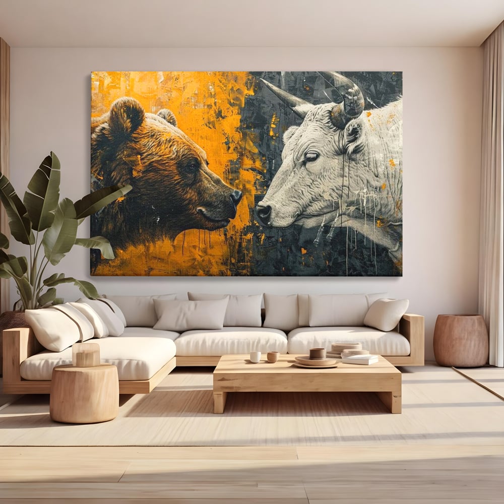 Leinwandbilder Leinwand Premium, LuxCanva® M1001, Moderne Bestie, Tiere, Bär, Stier, Dualität, Dualität, Wild, Duell, Hörner, Fell, Fell, Stärke, Büro, Wohnen, Kinderzimmer