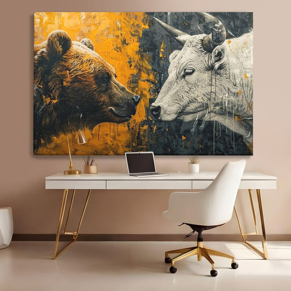 Leinwandbilder Leinwand Premium, LuxCanva® M1001, Moderne Bestie, Tiere, Bär, Stier, Dualität, Dualität, Wild, Duell, Hörner, Fell, Fell, Stärke, Büro, Wohnen, Kinderzimmer