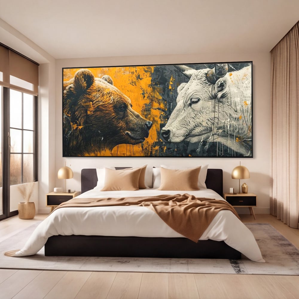 Leinwandbilder Leinwand Premium, LuxCanva® M1001, Moderne Bestie, Tiere, Bär, Stier, Dualität, Dualität, Wild, Duell, Hörner, Fell, Fell, Stärke, Büro, Wohnen, Kinderzimmer
