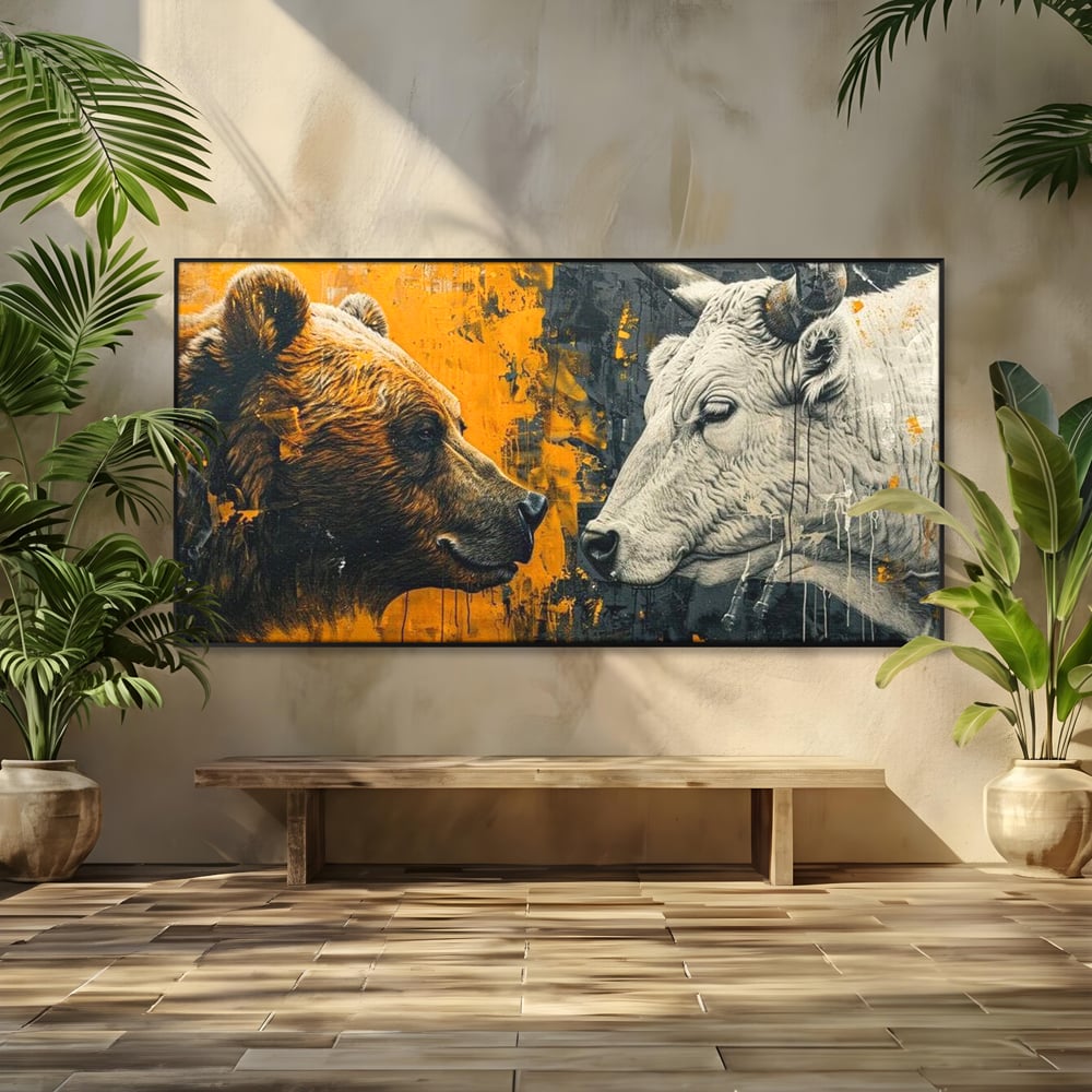 Leinwandbilder Leinwand Premium, LuxCanva® M1001, Moderne Bestie, Tiere, Bär, Stier, Dualität, Dualität, Wild, Duell, Hörner, Fell, Fell, Stärke, Büro, Wohnen, Kinderzimmer