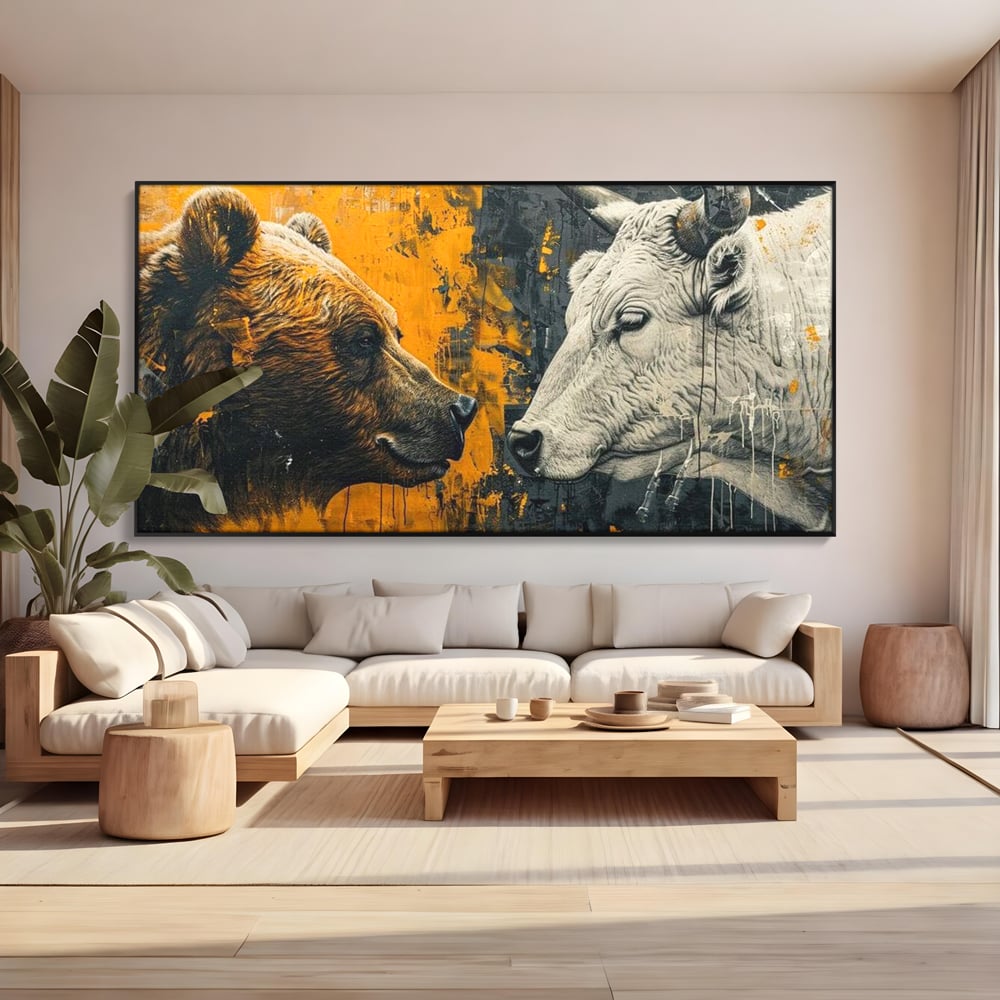 Leinwandbilder Leinwand Premium, LuxCanva® M1001, Moderne Bestie, Tiere, Bär, Stier, Dualität, Dualität, Wild, Duell, Hörner, Fell, Fell, Stärke, Büro, Wohnen, Kinderzimmer