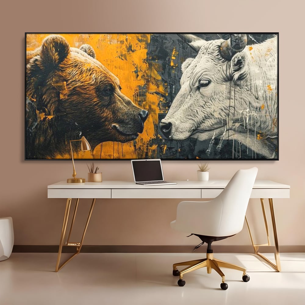 Leinwandbilder Leinwand Premium, LuxCanva® M1001, Moderne Bestie, Tiere, Bär, Stier, Dualität, Dualität, Wild, Duell, Hörner, Fell, Fell, Stärke, Büro, Wohnen, Kinderzimmer