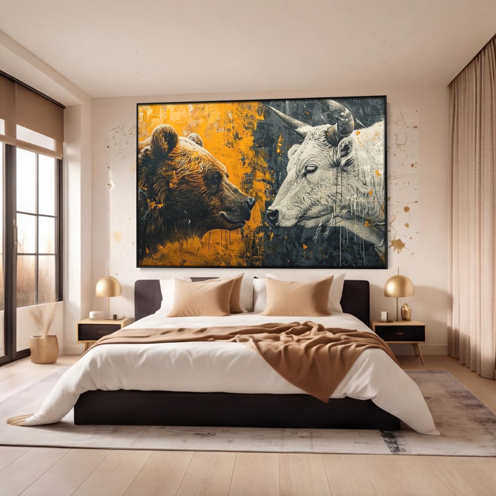 Leinwandbilder Leinwand Premium, LuxCanva® M1001, Moderne Bestie, Tiere, Bär, Stier, Dualität, Dualität, Wild, Duell, Hörner, Fell, Fell, Stärke, Büro, Wohnen, Kinderzimmer