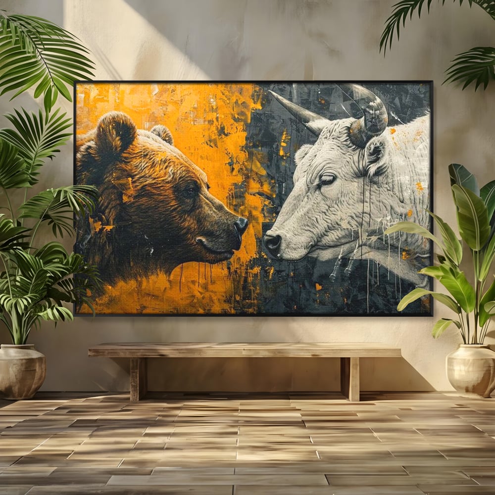 Leinwandbilder Leinwand Premium, LuxCanva® M1001, Moderne Bestie, Tiere, Bär, Stier, Dualität, Dualität, Wild, Duell, Hörner, Fell, Fell, Stärke, Büro, Wohnen, Kinderzimmer