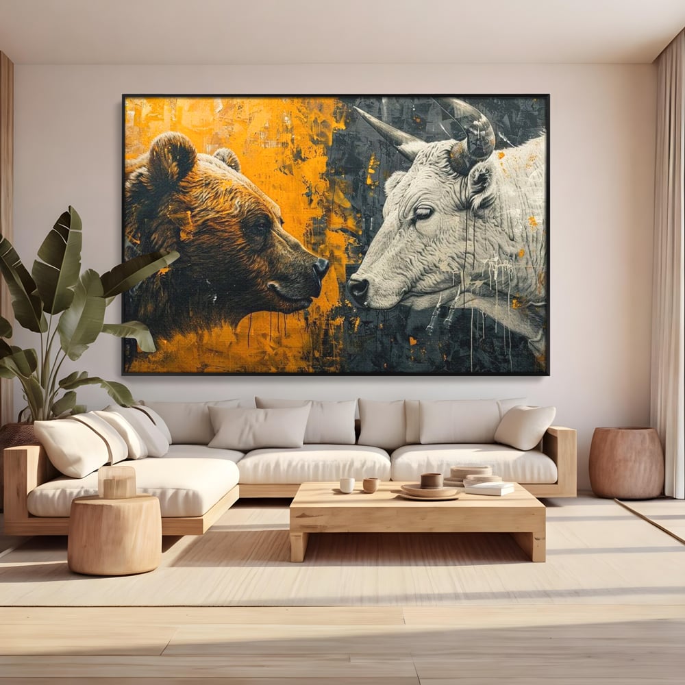 Leinwandbilder Leinwand Premium, LuxCanva® M1001, Moderne Bestie, Tiere, Bär, Stier, Dualität, Dualität, Wild, Duell, Hörner, Fell, Fell, Stärke, Büro, Wohnen, Kinderzimmer