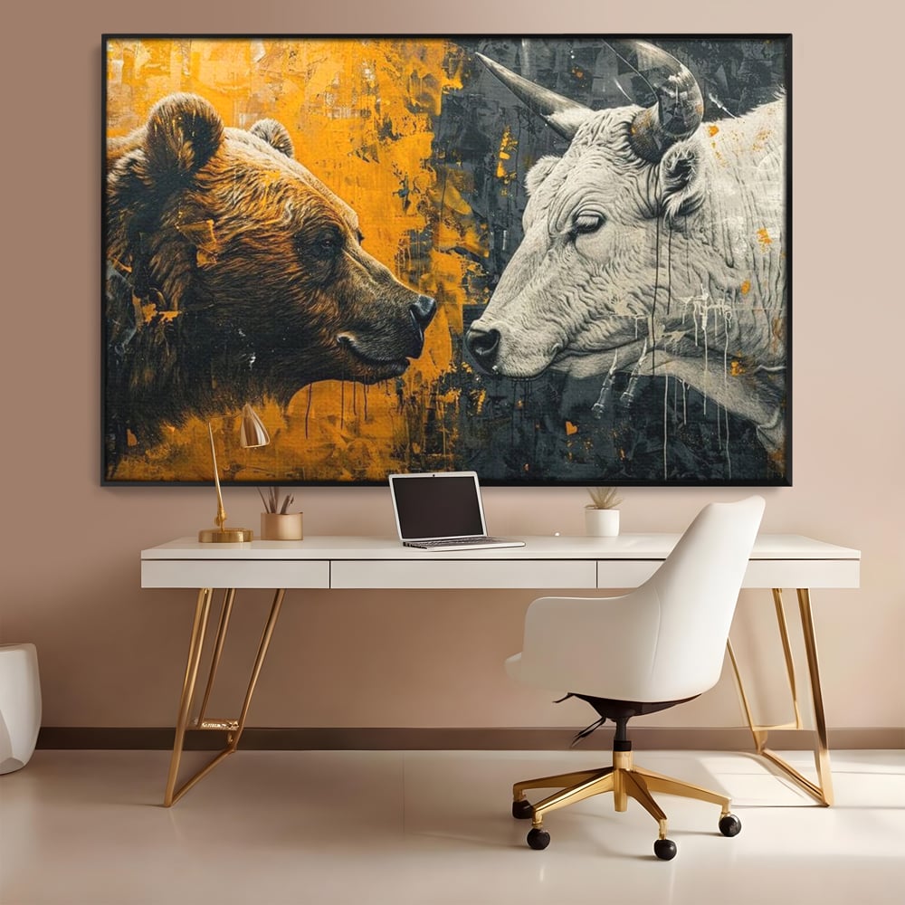 Leinwandbilder Leinwand Premium, LuxCanva® M1001, Moderne Bestie, Tiere, Bär, Stier, Dualität, Dualität, Wild, Duell, Hörner, Fell, Fell, Stärke, Büro, Wohnen, Kinderzimmer
