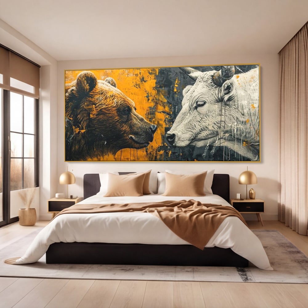 Leinwandbilder Leinwand Premium, LuxCanva® M1001, Moderne Bestie, Tiere, Bär, Stier, Dualität, Dualität, Wild, Duell, Hörner, Fell, Fell, Stärke, Büro, Wohnen, Kinderzimmer