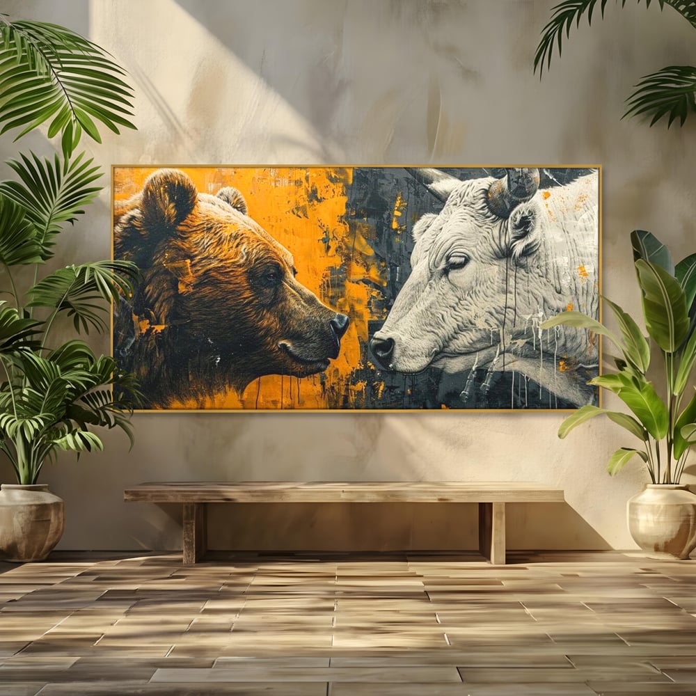 Leinwandbilder Leinwand Premium, LuxCanva® M1001, Moderne Bestie, Tiere, Bär, Stier, Dualität, Dualität, Wild, Duell, Hörner, Fell, Fell, Stärke, Büro, Wohnen, Kinderzimmer