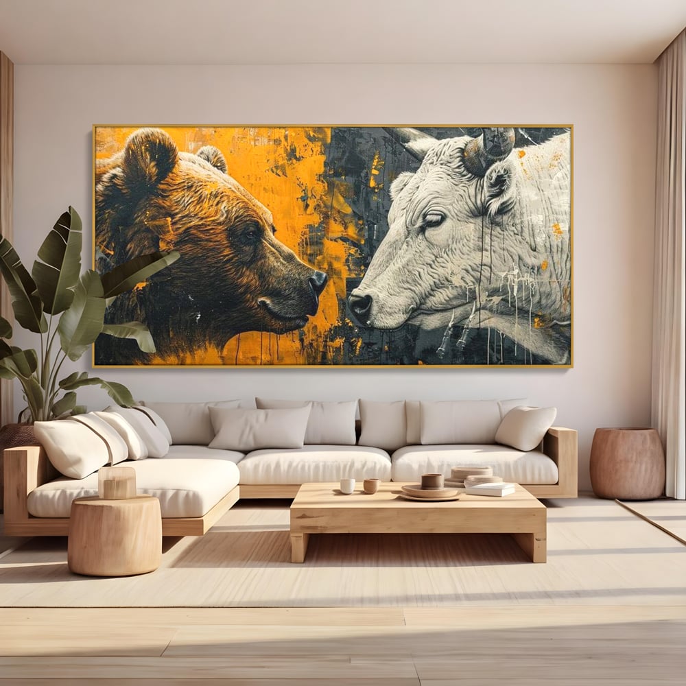 Leinwandbilder Leinwand Premium, LuxCanva® M1001, Moderne Bestie, Tiere, Bär, Stier, Dualität, Dualität, Wild, Duell, Hörner, Fell, Fell, Stärke, Büro, Wohnen, Kinderzimmer