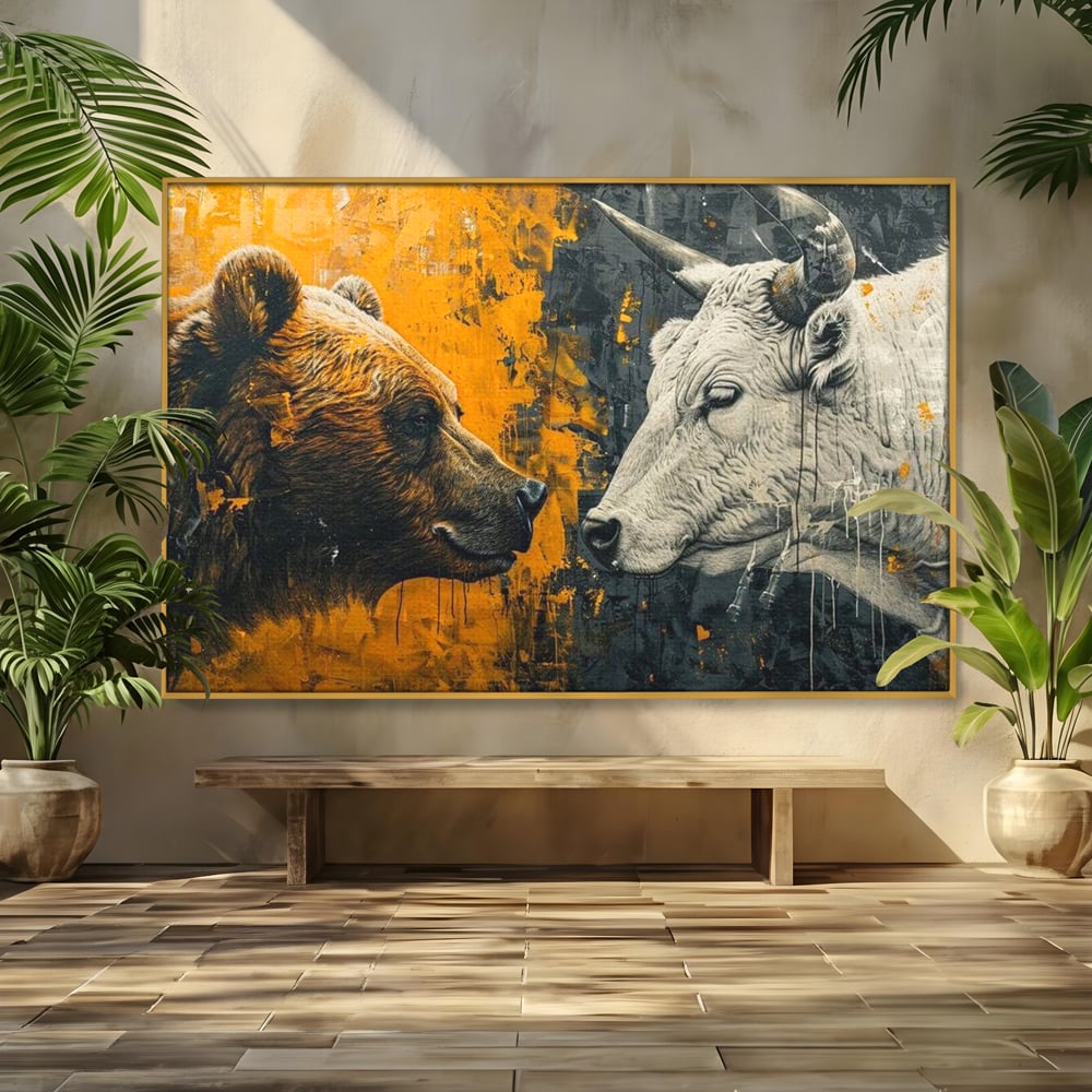 Leinwandbilder Leinwand Premium, LuxCanva® M1001, Moderne Bestie, Tiere, Bär, Stier, Dualität, Dualität, Wild, Duell, Hörner, Fell, Fell, Stärke, Büro, Wohnen, Kinderzimmer