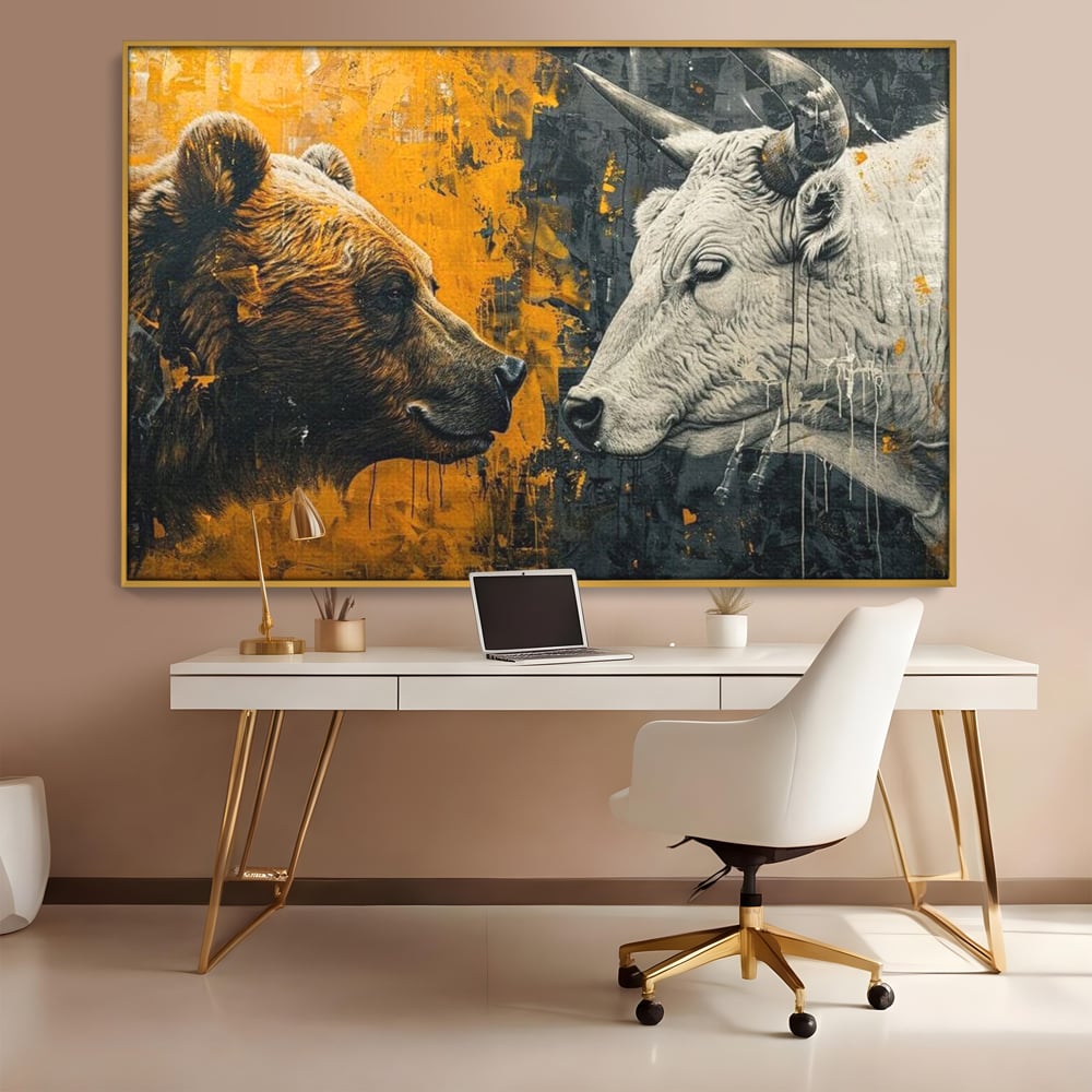 Leinwandbilder Leinwand Premium, LuxCanva® M1001, Moderne Bestie, Tiere, Bär, Stier, Dualität, Dualität, Wild, Duell, Hörner, Fell, Fell, Stärke, Büro, Wohnen, Kinderzimmer