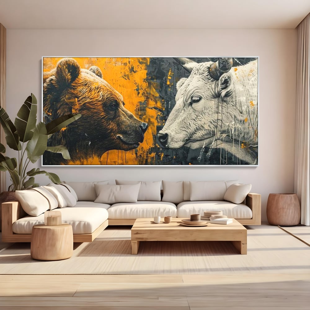Leinwandbilder Leinwand Premium, LuxCanva® M1001, Moderne Bestie, Tiere, Bär, Stier, Dualität, Dualität, Wild, Duell, Hörner, Fell, Fell, Stärke, Büro, Wohnen, Kinderzimmer