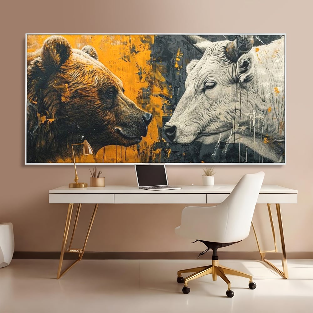 Leinwandbilder Leinwand Premium, LuxCanva® M1001, Moderne Bestie, Tiere, Bär, Stier, Dualität, Dualität, Wild, Duell, Hörner, Fell, Fell, Stärke, Büro, Wohnen, Kinderzimmer