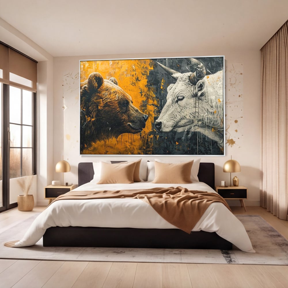 Leinwandbilder Leinwand Premium, LuxCanva® M1001, Moderne Bestie, Tiere, Bär, Stier, Dualität, Dualität, Wild, Duell, Hörner, Fell, Fell, Stärke, Büro, Wohnen, Kinderzimmer