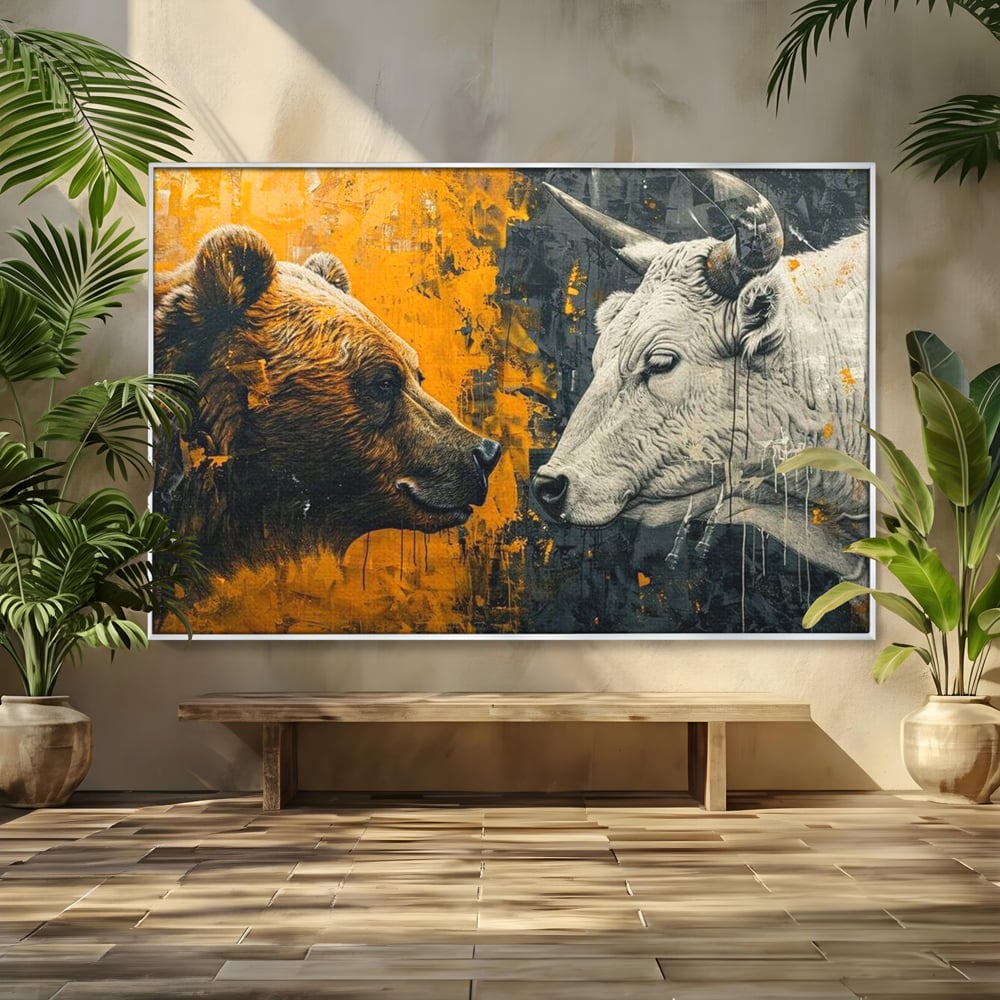 Leinwandbilder Leinwand Premium, LuxCanva® M1001, Moderne Bestie, Tiere, Bär, Stier, Dualität, Dualität, Wild, Duell, Hörner, Fell, Fell, Stärke, Büro, Wohnen, Kinderzimmer