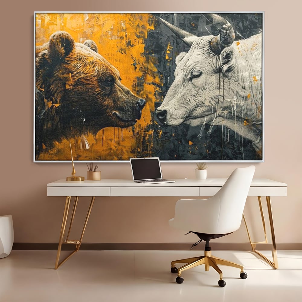 Leinwandbilder Leinwand Premium, LuxCanva® M1001, Moderne Bestie, Tiere, Bär, Stier, Dualität, Dualität, Wild, Duell, Hörner, Fell, Fell, Stärke, Büro, Wohnen, Kinderzimmer