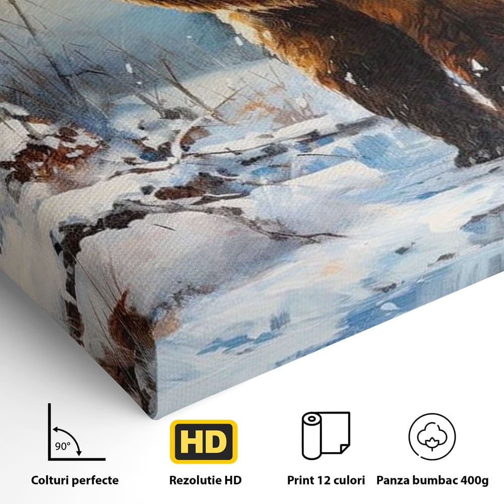 Tablou Canvas Premium, LuxCanva® M1002, Paznicul Padurii Inzapezite, Padure, Zapada, Iarna, Copaci, Frig, Urs, Animal, Peisaj, Birou, Living, Camera Copii