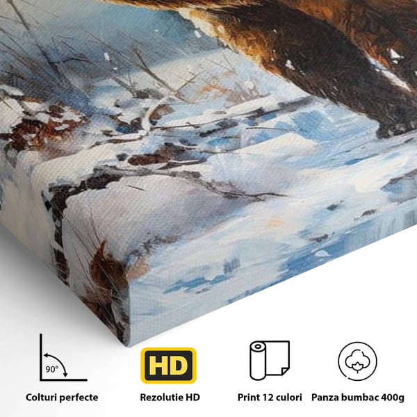 Tablou Canvas Premium, LuxCanva® M1002, Paznicul Padurii Inzapezite, Padure, Zapada, Iarna, Copaci, Frig, Urs, Animal, Peisaj, Birou, Living, Camera Copii