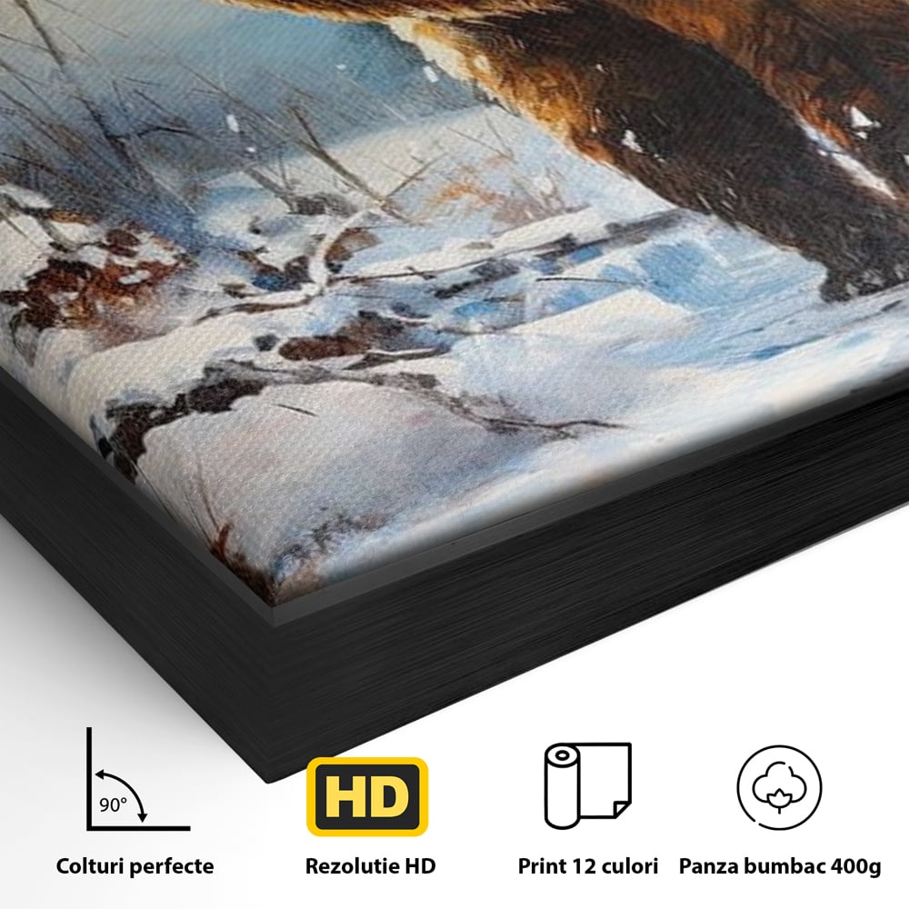 Tablou Canvas Premium, LuxCanva® M1002, Paznicul Padurii Inzapezite, Padure, Zapada, Iarna, Copaci, Frig, Urs, Animal, Peisaj, Birou, Living, Camera Copii