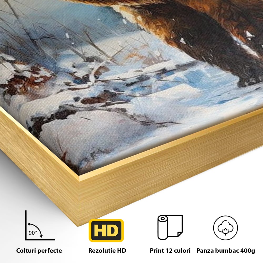 Tablou Canvas Premium, LuxCanva® M1002, Paznicul Padurii Inzapezite, Padure, Zapada, Iarna, Copaci, Frig, Urs, Animal, Peisaj, Birou, Living, Camera Copii