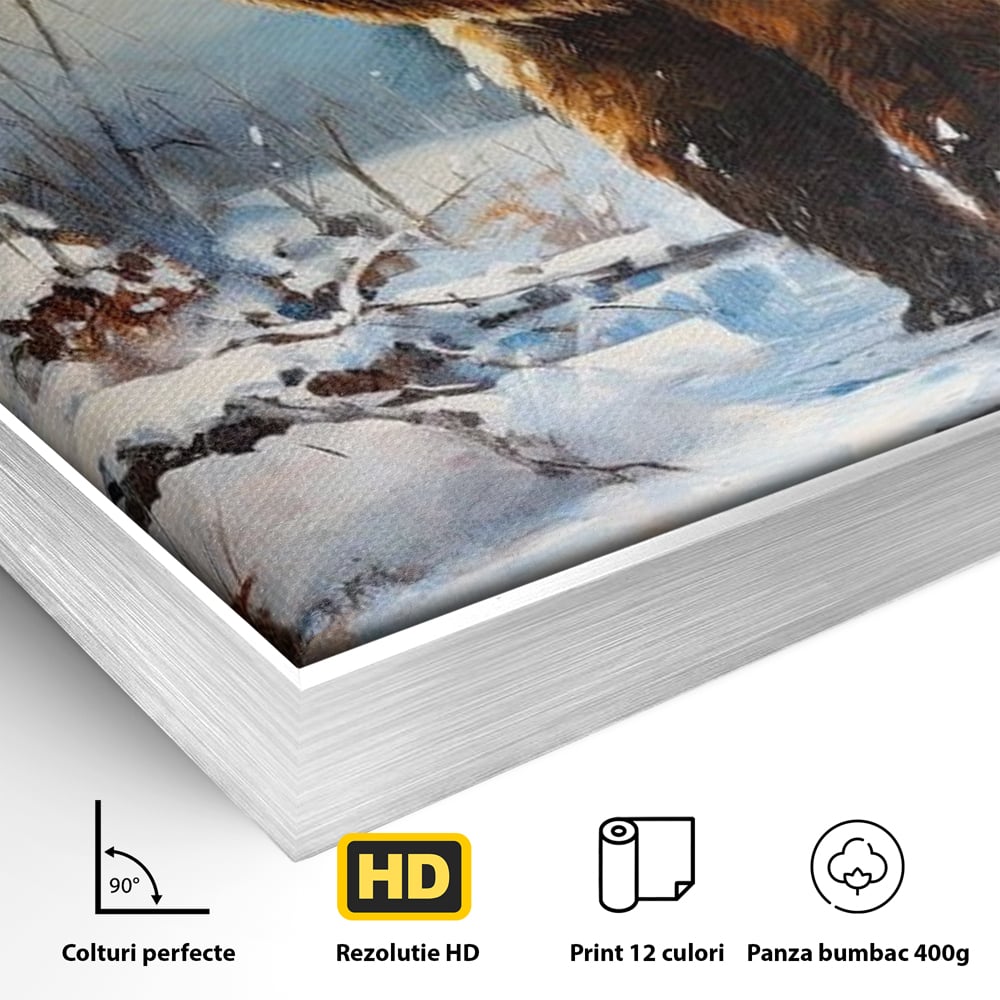 Tablou Canvas Premium, LuxCanva® M1002, Paznicul Padurii Inzapezite, Padure, Zapada, Iarna, Copaci, Frig, Urs, Animal, Peisaj, Birou, Living, Camera Copii