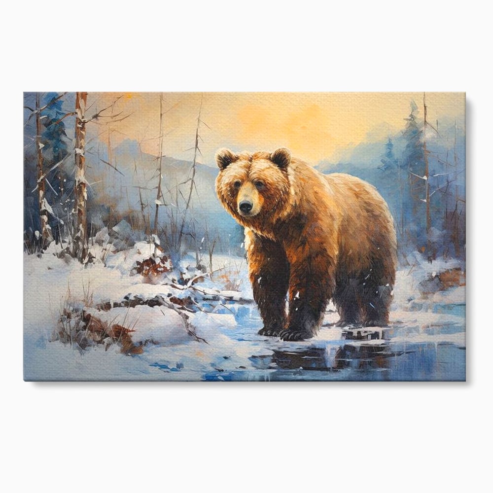 Tablou Canvas Premium, LuxCanva® M1002, Paznicul Padurii Inzapezite, Padure, Zapada, Iarna, Copaci, Frig, Urs, Animal, Peisaj, Birou, Living, Camera Copii