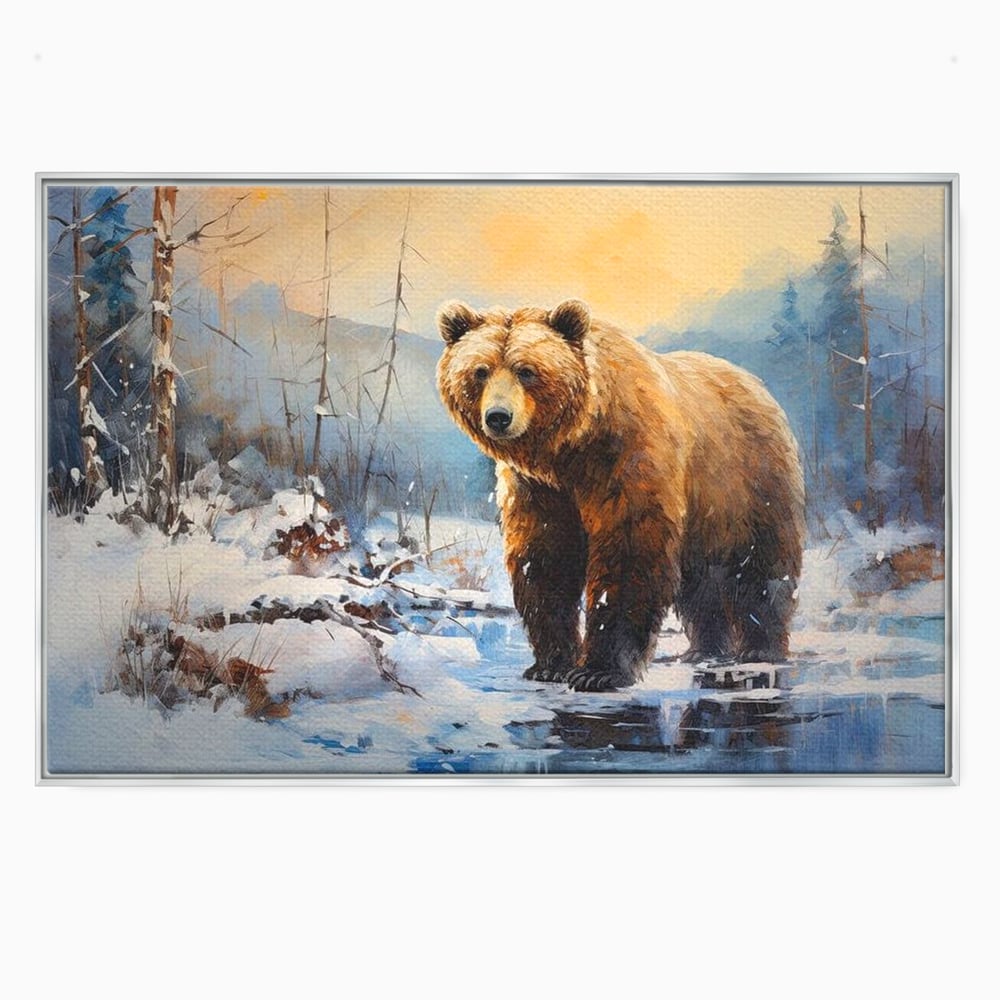 Tablou Canvas Premium, LuxCanva® M1002, Paznicul Padurii Inzapezite, Padure, Zapada, Iarna, Copaci, Frig, Urs, Animal, Peisaj, Birou, Living, Camera Copii