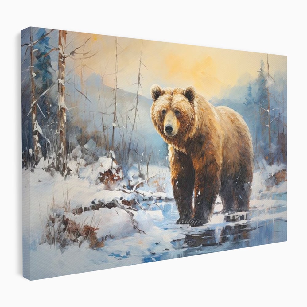 Tablou Canvas Premium, LuxCanva® M1002, Paznicul Padurii Inzapezite, Padure, Zapada, Iarna, Copaci, Frig, Urs, Animal, Peisaj, Birou, Living, Camera Copii