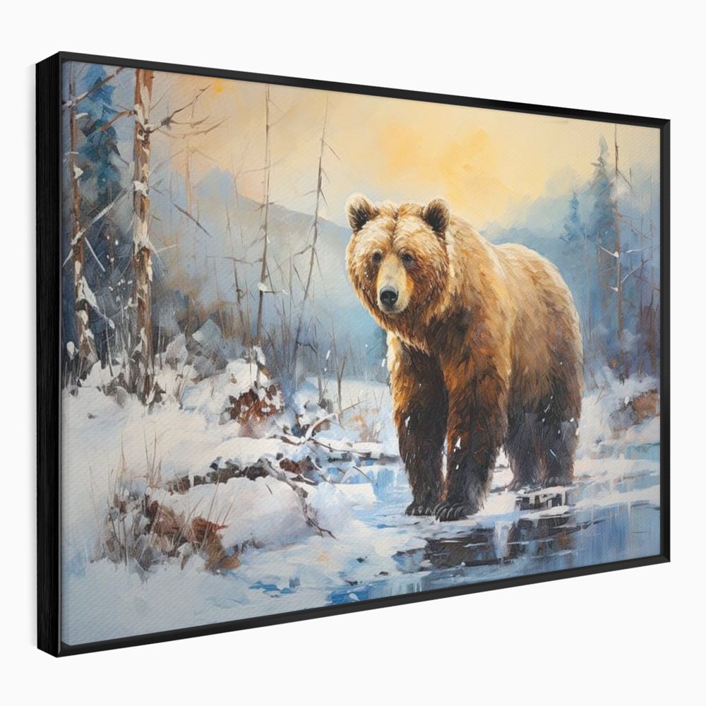 Tablou Canvas Premium, LuxCanva® M1002, Paznicul Padurii Inzapezite, Padure, Zapada, Iarna, Copaci, Frig, Urs, Animal, Peisaj, Birou, Living, Camera Copii