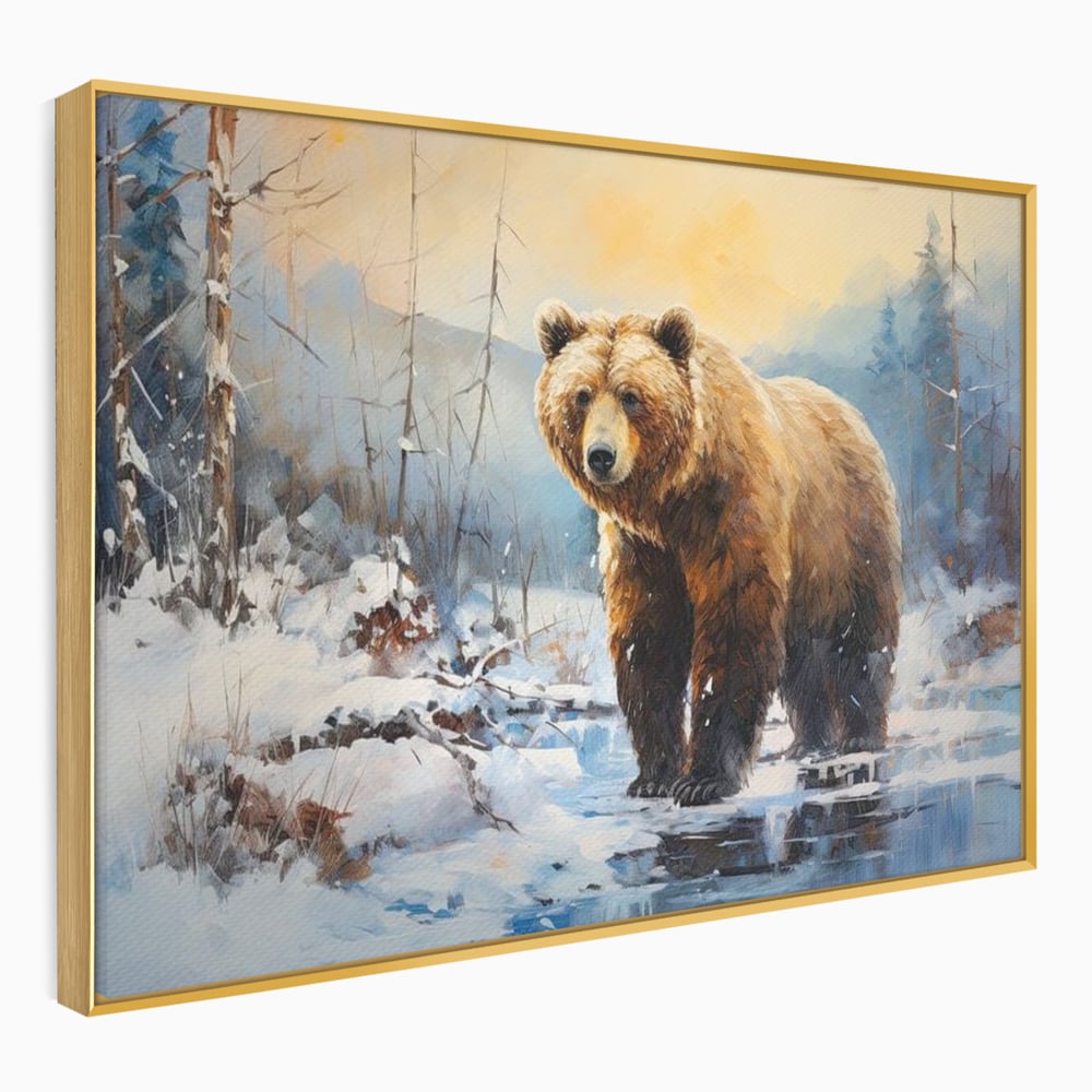 Tablou Canvas Premium, LuxCanva® M1002, Paznicul Padurii Inzapezite, Padure, Zapada, Iarna, Copaci, Frig, Urs, Animal, Peisaj, Birou, Living, Camera Copii