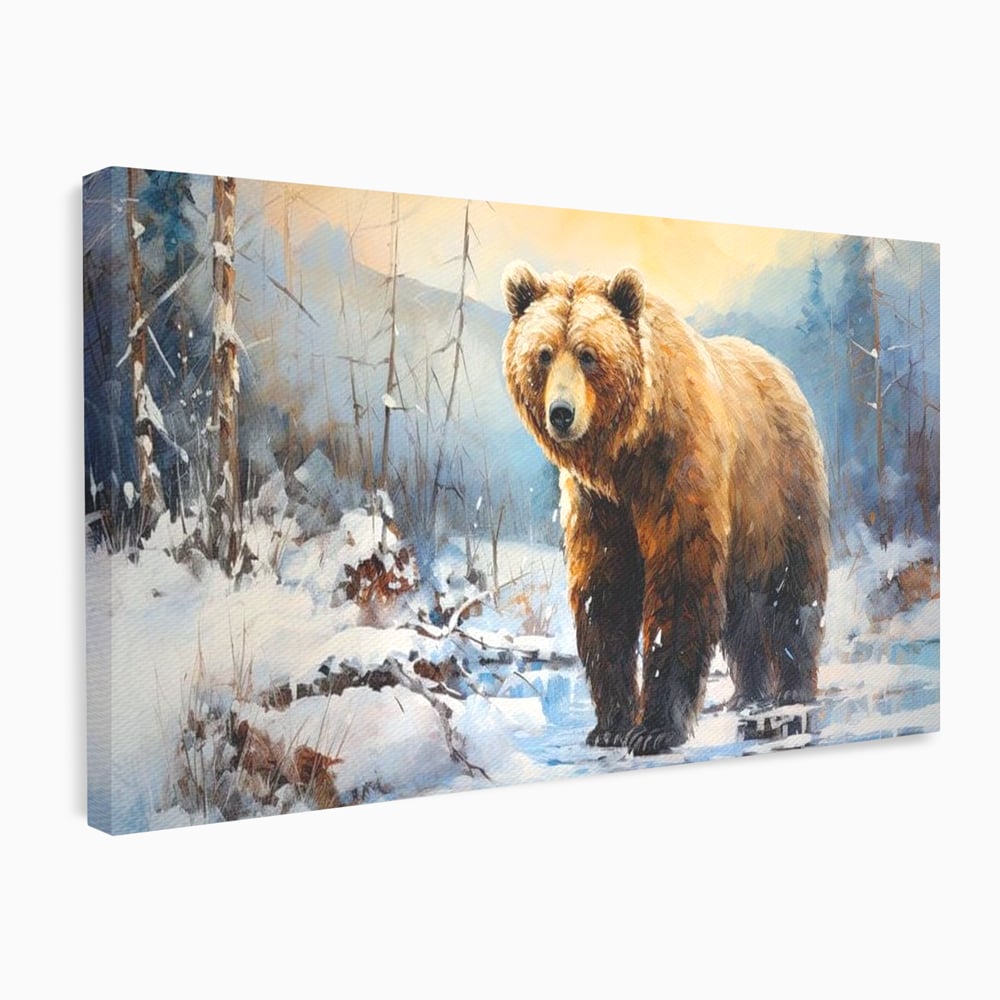 Tablou Canvas Premium, LuxCanva® M1002, Paznicul Padurii Inzapezite, Padure, Zapada, Iarna, Copaci, Frig, Urs, Animal, Peisaj, Birou, Living, Camera Copii
