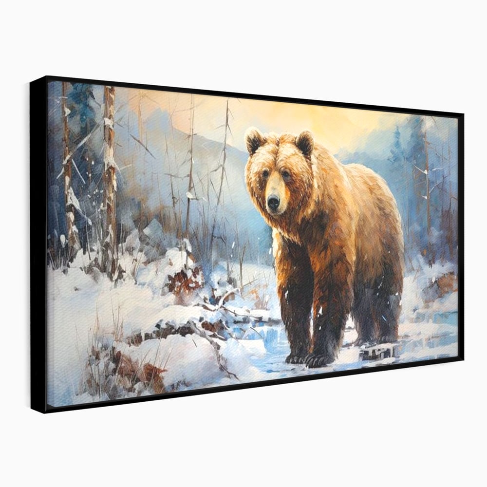 Tablou Canvas Premium, LuxCanva® M1002, Paznicul Padurii Inzapezite, Padure, Zapada, Iarna, Copaci, Frig, Urs, Animal, Peisaj, Birou, Living, Camera Copii