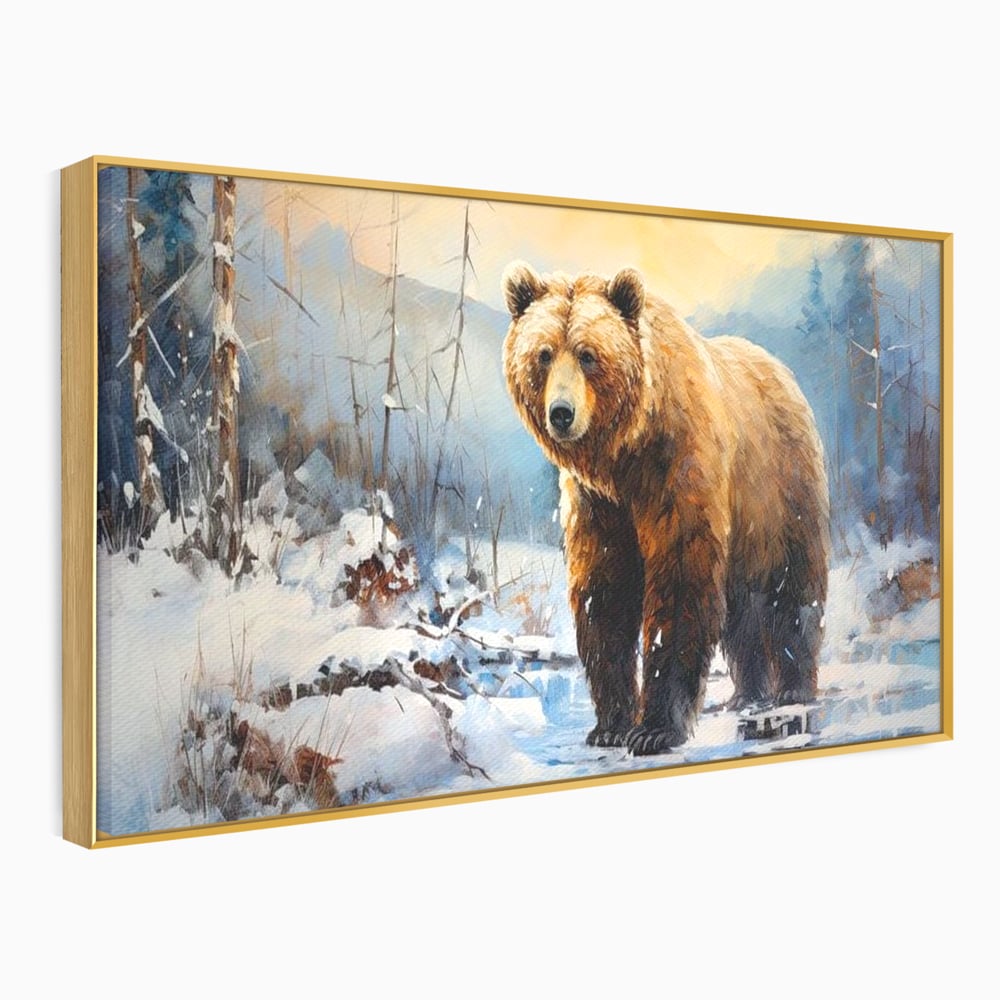 Tablou Canvas Premium, LuxCanva® M1002, Paznicul Padurii Inzapezite, Padure, Zapada, Iarna, Copaci, Frig, Urs, Animal, Peisaj, Birou, Living, Camera Copii