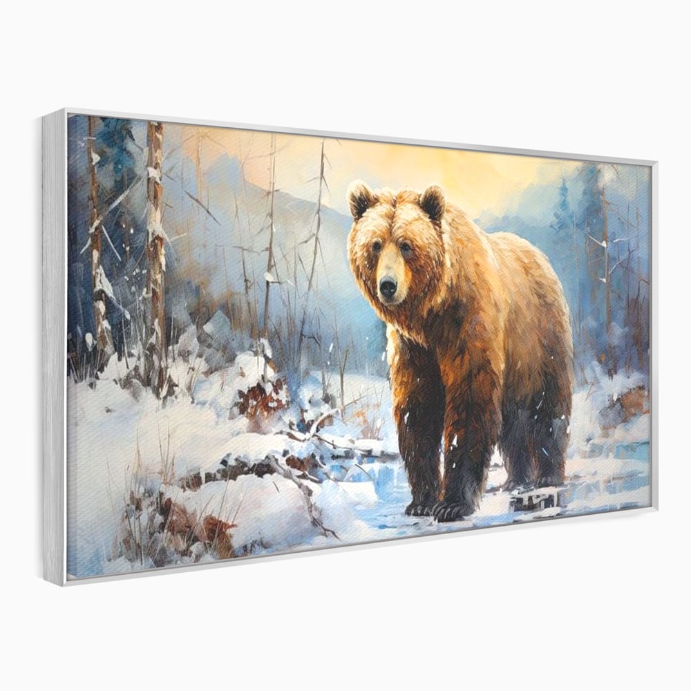 Tablou Canvas Premium, LuxCanva® M1002, Paznicul Padurii Inzapezite, Padure, Zapada, Iarna, Copaci, Frig, Urs, Animal, Peisaj, Birou, Living, Camera Copii