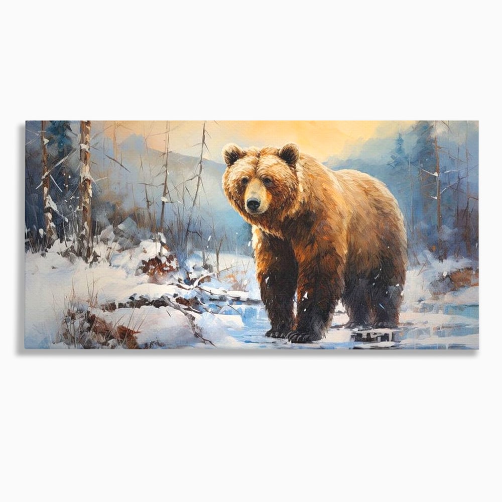Tablou Canvas Premium, LuxCanva® M1002, Paznicul Padurii Inzapezite, Padure, Zapada, Iarna, Copaci, Frig, Urs, Animal, Peisaj, Birou, Living, Camera Copii