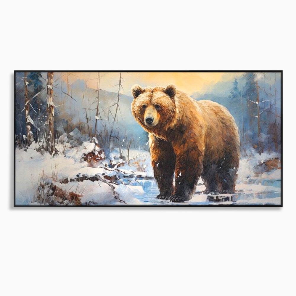 Tablou Canvas Premium, LuxCanva® M1002, Paznicul Padurii Inzapezite, Padure, Zapada, Iarna, Copaci, Frig, Urs, Animal, Peisaj, Birou, Living, Camera Copii