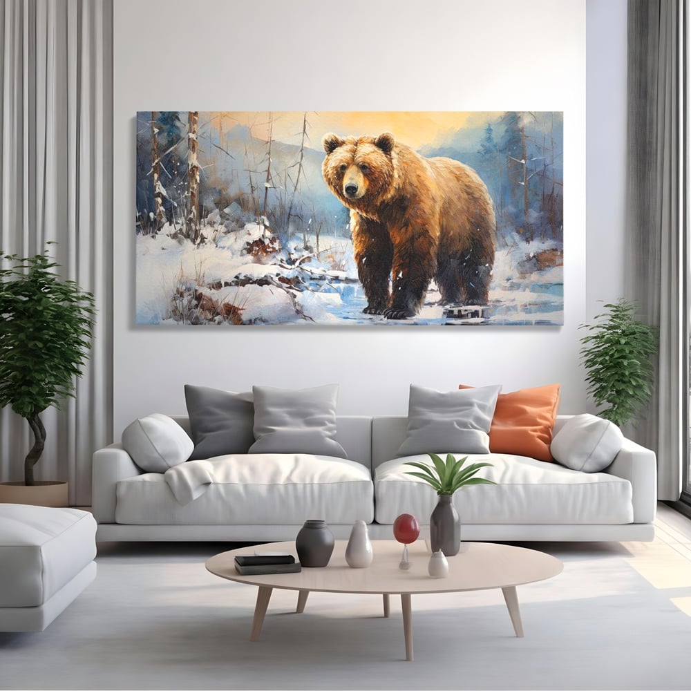 Tablou Canvas Premium, LuxCanva® M1002, Paznicul Padurii Inzapezite, Padure, Zapada, Iarna, Copaci, Frig, Urs, Animal, Peisaj, Birou, Living, Camera Copii